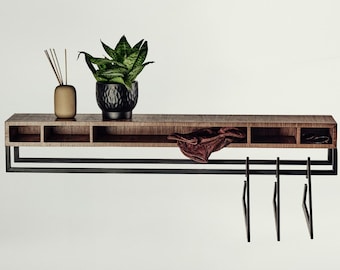 Wall Mounted Coat Rack Shelf, Entryway Organizer with Shelf and Key Cubbies, Slim Walnut Wood Garment Rail