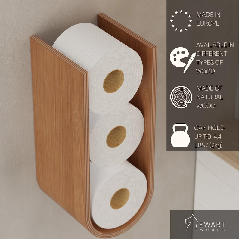 May include: A wooden toilet paper holder with three rolls of white toilet paper. The holder is made of natural wood and can hold up to 4.4 lbs (2kg). The holder is made in Europe and is available in different types of wood.