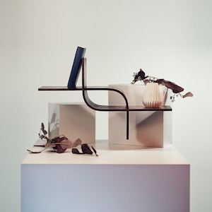 May include: A modern, dark wood shelf with a curved design, holding a blue book and a small, textured vase. The shelf is displayed on white geometric blocks, with dried leaves and stems adding a natural touch to the minimalist aesthetic.