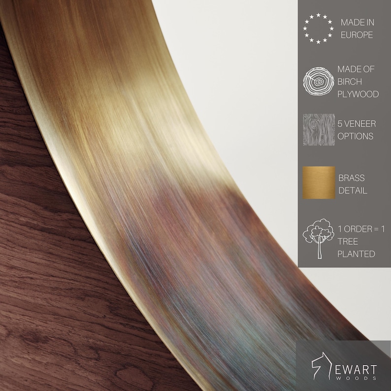 May include: A close-up of a curved wooden surface with a gradient of colors, transitioning from light beige to brown and hints of blue. The text on the right side indicates the product is made in Europe from birch plywood with brass details and 5 veneer options.