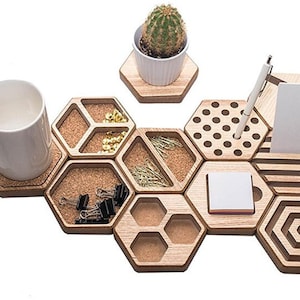 Desk accessory, Office organizator, wooden hexagon table, workplace organization, home office desk MDF