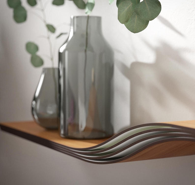 Floating Shelf Wall Mounted, Walnut Hanging Geometric Shelves, Curved Wall Shelf with Hidden Bracket, Wooden Oak Decor Display image 12