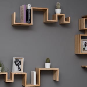Floating wall shelf Wooden hanging geometric book wandregal shelves wood wall modern mounted handmade furniture