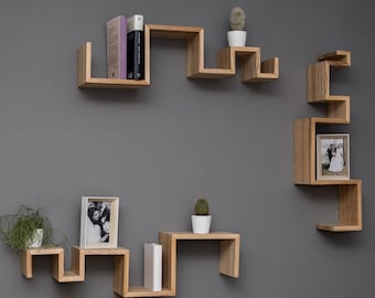 Floating wall shelf Wooden hanging geometric book wandregal shelves wood wall modern mounted handmade furniture