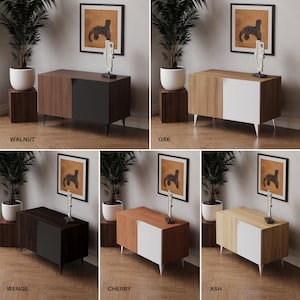 K&ouml;nnte beinhalten: Ein moderner TV-Schrank mit zwei T&uuml;ren und vier Beinen. Der Schrank ist in f&uuml;nf verschiedenen Holzarten erh&auml;ltlich: Nussbaum, Eiche, Wenge, Kirsche und Esche.