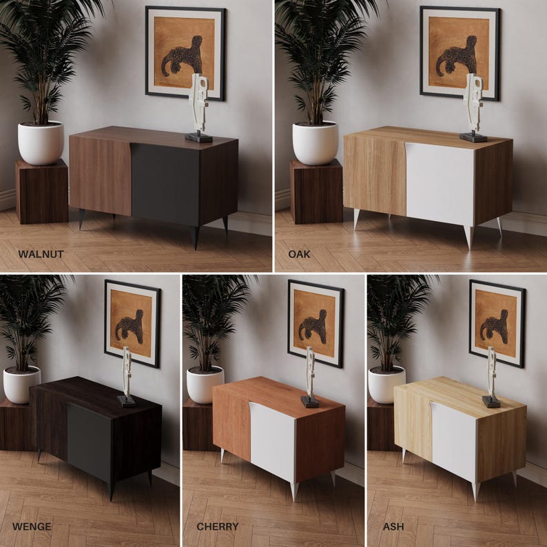 K&ouml;nnte beinhalten: Ein moderner TV-Schrank mit zwei T&uuml;ren und vier Beinen. Der Schrank ist in f&uuml;nf verschiedenen Holzarten erh&auml;ltlich: Nussbaum, Eiche, Wenge, Kirsche und Esche.