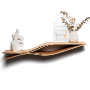 Floating shelf wall mounted wooden fish, walnut hanging shelves, curved shelves, wooden bracketless shelving, geometric wavy bookshelf