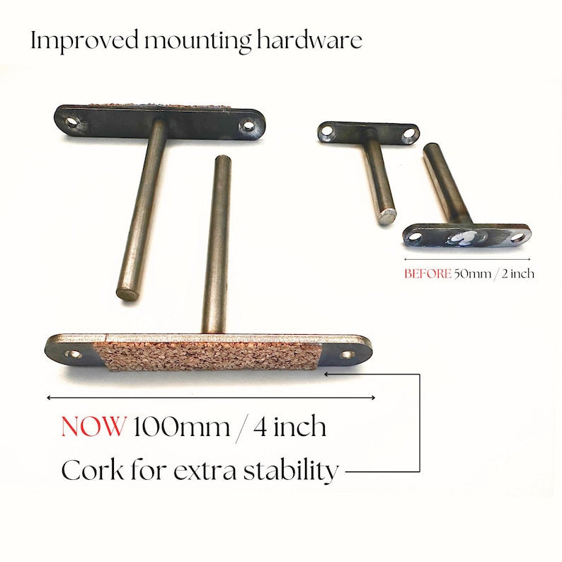 May include: Improved mounting hardware for wall shelves. The new design features a 4-inch long metal rod with a cork backing for extra stability. The previous design had a 2-inch rod.
