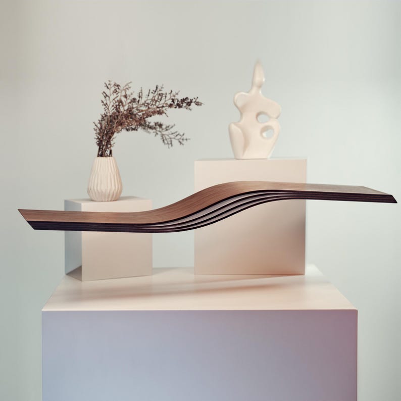 Floating Shelf Wall Mounted, Walnut Hanging Geometric Shelves, Curved Wall Shelf with Hidden Bracket, Wooden Oak Decor Display image 2