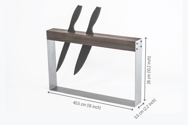 Knife holder with a dark wooden top and silver metal frame, holding two black-handled knives, featuring dimensions of 40.5 cm in width, 26 cm in height, and 5.5 cm in depth, displayed against a white background.