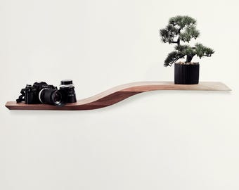 Floating Shelf Wall Mounted Sculptural, Walnut Hanging Geometric Shelves, Curved Wall Shelf with Hidden Bracket, Wooden Oak Decor Display
