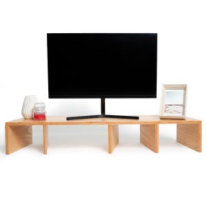 Wooden Monitor Stand for Desk with Storage, Computer Desktop Riser with Organizer, Modern PC Accessories for Screen, Wood Shelf for Laptop