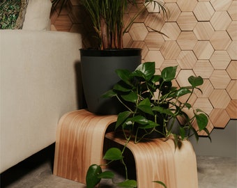 Puede incluir: Una escena interior moderna con un soporte de planta curvo de madera clara de dos niveles. Una maceta gris oscuro con una planta verde se encuentra encima, y una planta verde más pequeña está en el soporte. El fondo es una pared hexagonal de madera.