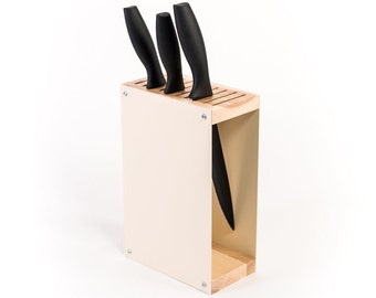 Knife block holder universal rack empty display stand designer made of colored steel and wood standing without knifes