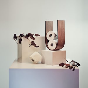 May include: A modern bathroom scene features a wooden toilet paper holder with two rolls inside. A single roll and decorative branches with dark leaves are also present. The holder is on a white cube, with another cube and roll in the background.