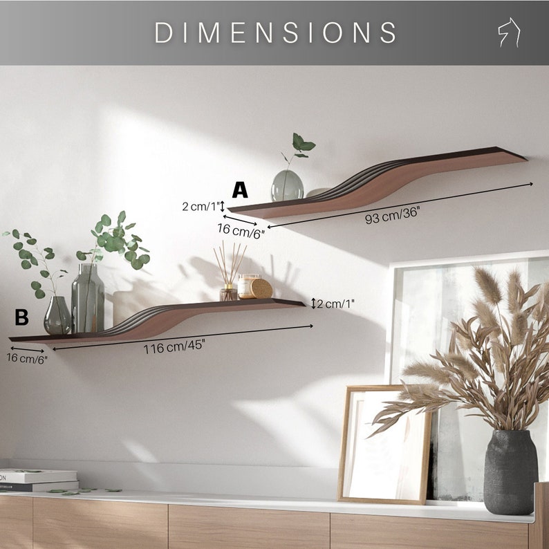 DImension photo with 16cmx93cmx2cm shel and 116cmx16cmx2cm shelf attached to a white wall