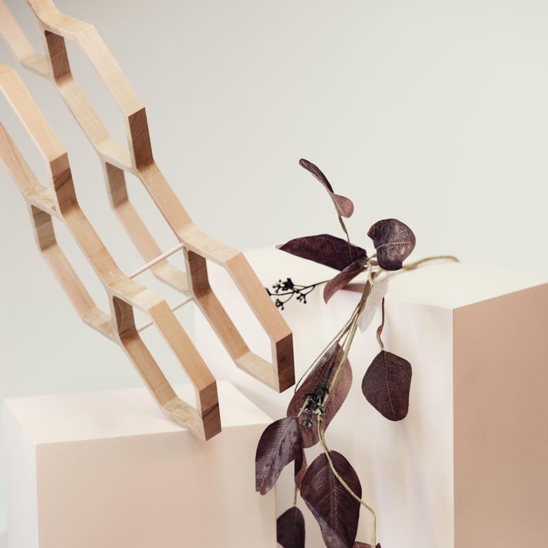 May include: A light-colored wooden wine rack featuring a repeating hexagonal honeycomb structure. The rack is positioned at an angle, accompanied by a decorative stem of dark purple-brown dried eucalyptus leaves with visible stems and foliage.