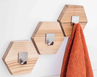 Gancho para toallas, colgador de pared de madera, toallero de baño, soporte hexagonal moderno, almacenamiento de baño montado en la pared, panal de abeja