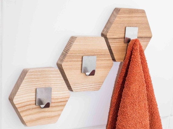 Towel Hook Coat Wood Wall Hanger Bathroom Towels Rack Hexagon Modern Holder  Mounted Bath Storage Wall Mount-honeycomb -  Israel