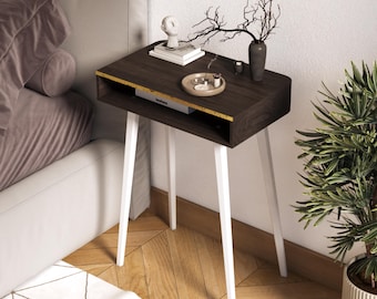 Free Standing Tall Night stand Box, Modern Wood Bedside Nightstand,  Living Room Side Table with Storage, Golden Brass Detail