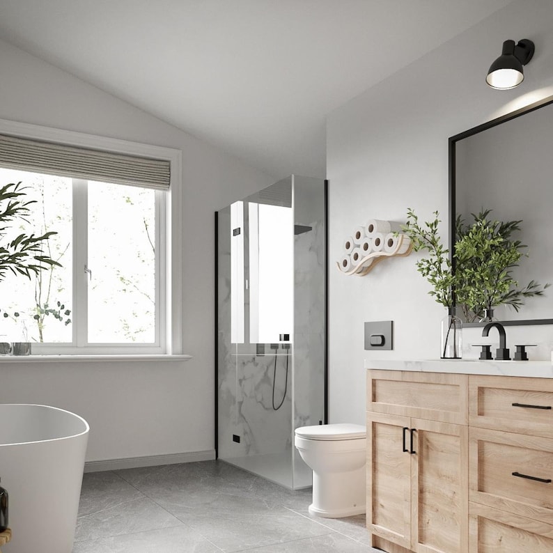 A stylish bathroom featuring a wall-mounted toilet paper holder with a wave design, displaying several rolls. The space includes a bathtub, a walk-in shower, a wooden vanity, and plants, all within a minimalist design.