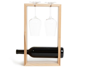 Caja de madera para vino y copa, botellero de vino, regalo temático de vino, set de regalo para amantes de las bodegas