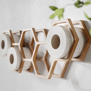 Toilet Paper Holder Wall Mount, Wood TP floating storage shelf for tissue, hanging wooden Honeycomb restroom Loo roll rack