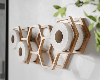 Toilet Paper Holder Wall Mount, Wood TP floating storage shelf for tissue, hanging wooden Honeycomb restroom Loo roll rack