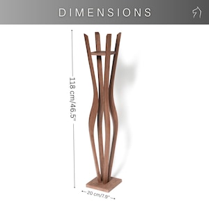 Dimension chart for tall indoor plant stand: height 118cm/46.5inch, square base 20x20cm/7.9inch. Walnut wood, 4 curved pillar legs visible. Helps buyers check if the floor plant stand fits their ceiling height and space.