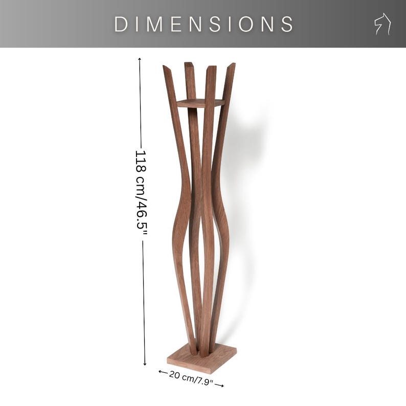 Dimension chart for tall indoor plant stand: height 118cm/46.5inch, square base 20x20cm/7.9inch. Walnut wood, 4 curved pillar legs visible. Helps buyers check if the floor plant stand fits their ceiling height and space.