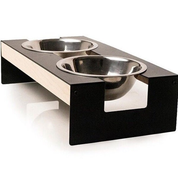 Erhöhte Hundenäpfe Metallständer Holz- und Metallfütterungshalter-Tablett mit doppelten Edelstahlschalen für Futter oder Wasser inklusive