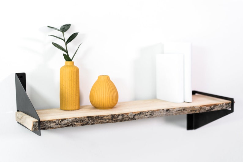 Floating wall shelf brackets Wooden metal hanging geometric book wandregal wall shelves wood modern handmade furniture image 3