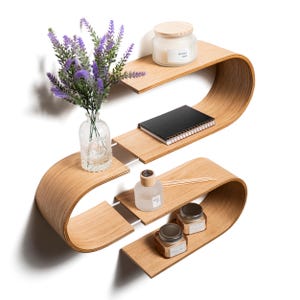 Floating wall mounted shelf from wood, decorative geometric wooden shelves, unique oak hanging display, walnut rack
