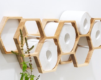 Wall Mount Toilet Paper Holder, Wood TP floating storage shelf for multiple rolls tissue, hanging wooden restroom Loo roll rack honeycomb