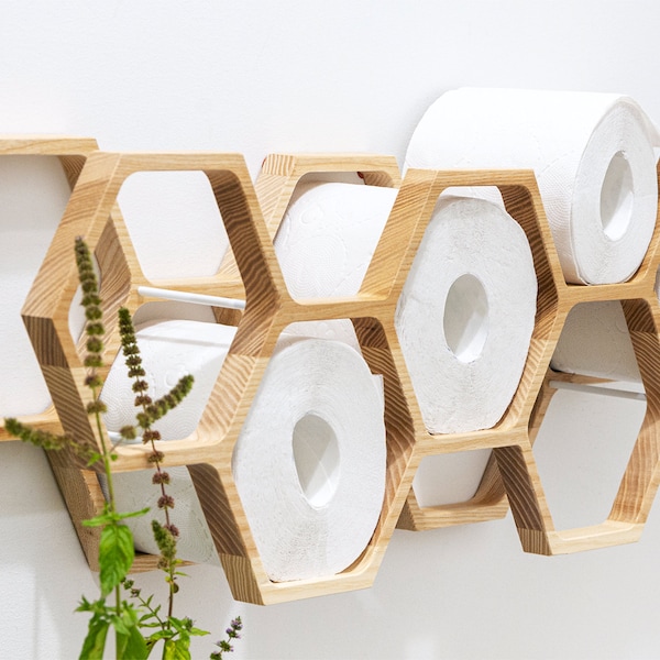 Wall Mount Toilet Paper Holder, Wood TP floating storage shelf for multiple rolls tissue, hanging wooden restroom Loo roll rack honeycomb
