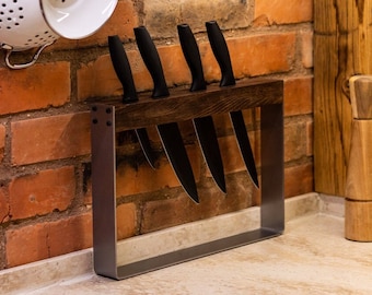 Soporte para bloque de cuchillos para soporte de cuchillos de cocina sin estante para cuchillos, almacenamiento de cuchillos de madera y metal