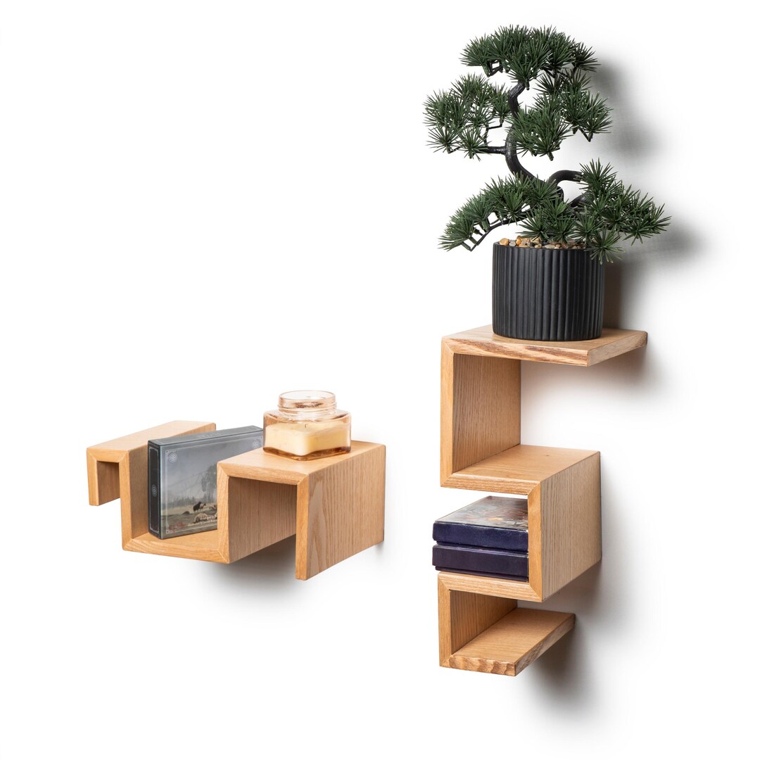 Wooden Floating Wall Shelf, Geometric Shelves Unique Design, Ashwood ...