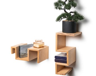 Wooden Floating Wall Shelf, Geometric Shelves Unique Design, Ashwood Modern Wood Handmade Furniture (Set of 2)
