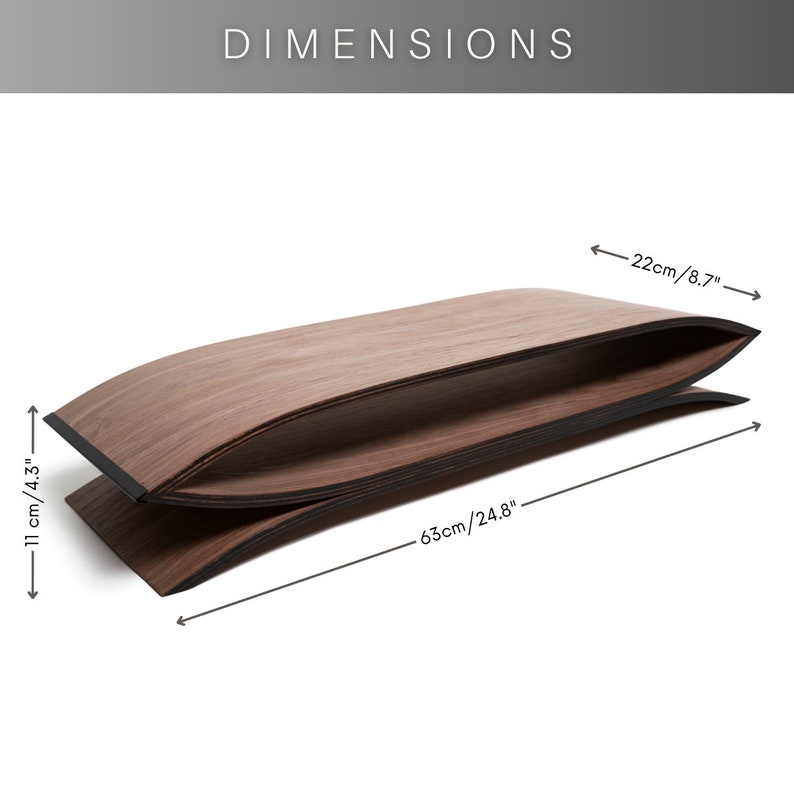 May include: A curved wooden shelf with a dark wood grain finish and black edges. The shelf measures 24.8 inches in length, 8.7 inches in width, and 4.3 inches in height. The text DIMENSIONS is displayed at the top of the image.