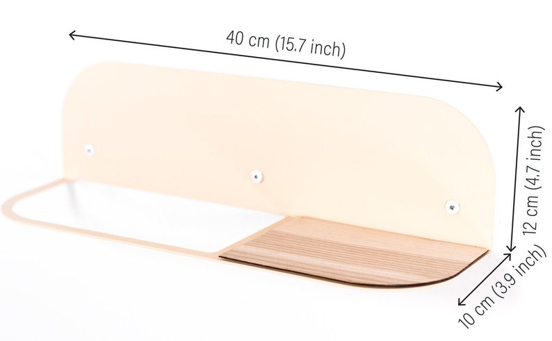 May include: A cream-colored wooden shelf with a rounded edge and a small wooden shelf underneath. The shelf is 15.7 inches wide, 4.7 inches tall, and 3.9 inches deep.