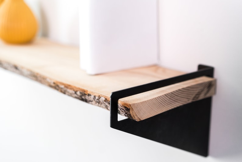 Floating wall shelf brackets Wooden metal hanging geometric book wandregal wall shelves wood modern handmade furniture image 4
