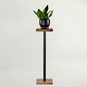 Peut inclure: Un porte-plante haut composé d'une base carrée en bois brun foncé et d'un plateau supérieur carré assorti, reliés par un fin poteau métallique cylindrique noir. Un pot en céramique noire texturée avec une plante serpent verte est posé dessus.