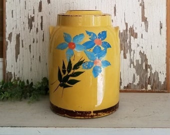 Vintage Cookie Jar or Pot or Stoneware Crock-Raised Yellow Lily-Yellow Flower-Loop Handles