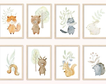 Baby Forest Animals POSTER - DIN A5, A4 - Impresión de arte, Impresión, Mural, Habitación para niños, Regalo, Imagen, Bebé, Animales, Zorro, Conejo, Oso, Erizo