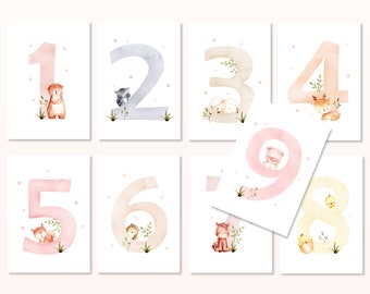 Numbers, numbers, age POSTCARD - DIN A6 - Card, milestone card, picture, print, christening, birthday, baby, child, animals, months, years