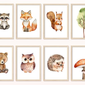 Póster Animales del Bosque Bebé - DIN A5, A4 - Impresión artística, impresión, cuadro de pared, habitación infantil, regalo, imagen, animales, oso, zorro, erizo, búho, bosque, seta