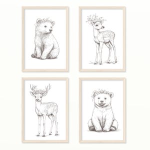 Póster Bebé Animales del Bosque A5 A4 Cuadro de Pared Imágenes Infantiles Regalo Oso Ciervo Flores Niña Niño Póster Conjunto Póster Animal Póster Infantil Guardería