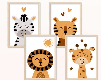 Baby Tiere POSTER - DIN A5, A4 - Kunstdruck, Print, Wandbild, Kinderzimmer, Junge, Mädchen, Löwe, Tiger, Zebra, Giraffe, Geburt, Taufe