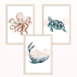 CARTEL de criaturas marinas - DIN A5, A4 - impresión de arte, impresión, mural, cuadros infantiles, habitación infantil, niño, niña, ballena, tortuga, pulpo, pulpo