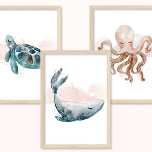 Sea animals POSTER - DIN A5, A4 - art print, print, mural, children's pictures, children's room, boy, girl, whale, turtle, octopus, octopus